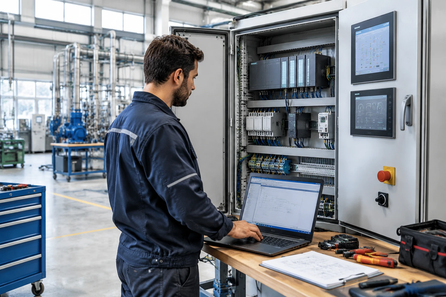 مهندس اتوماسیون در حال پروگرام و تست ماژول‌های PLC تابلو برق صنعتی