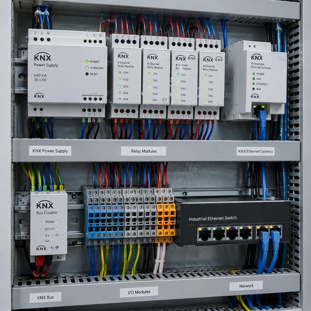 مهندس اتوماسیون در حال پیکربندی و راهاندازی نرمافزاری تابلوی KNX با نرمافزار ETS
